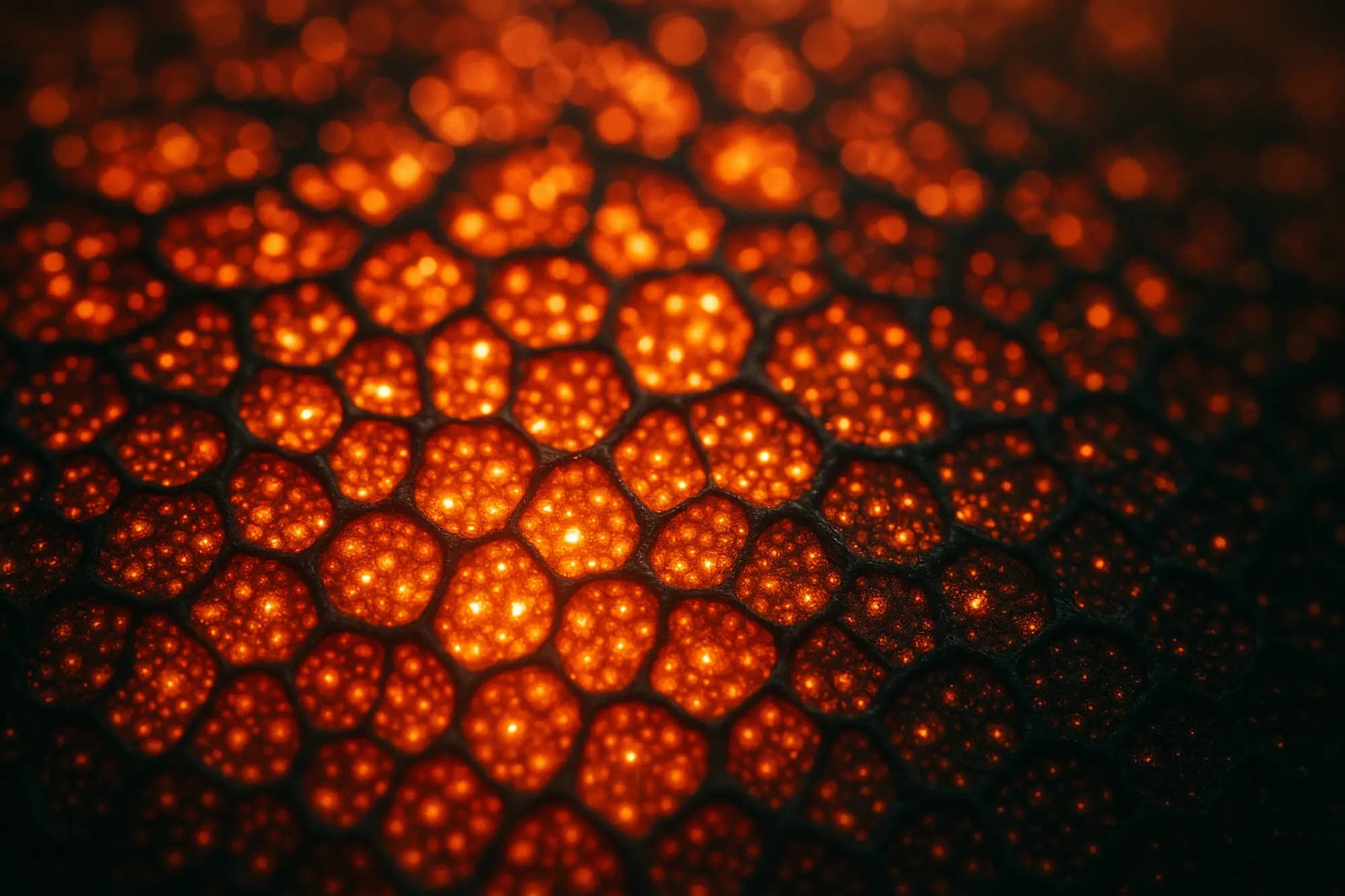Glowing cells of molten heat separated by dark channels, seen from above