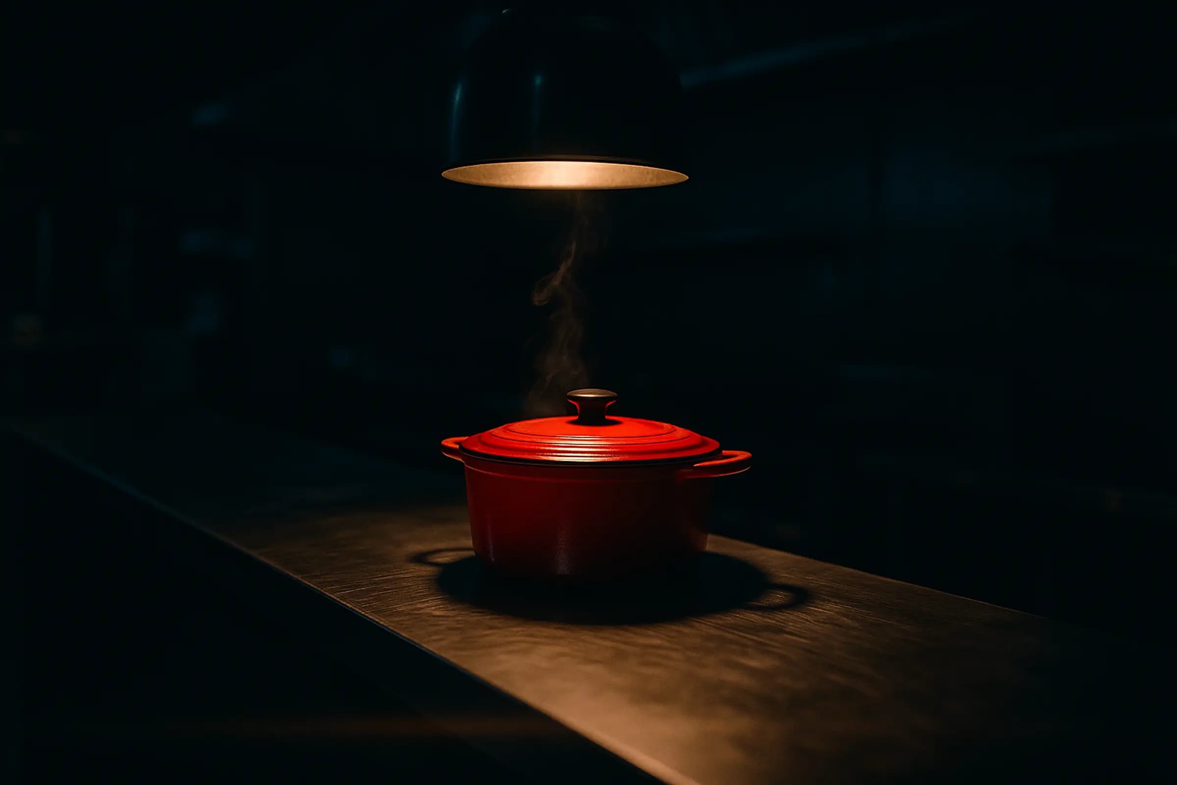 A vermilion enamelled pot steaming under a single heat lamp on a dark steel pass